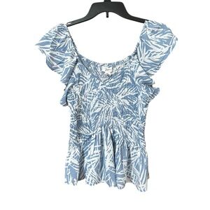 Japna Blue and White Flutter Sleeve Fitted Blouse EUC Medium